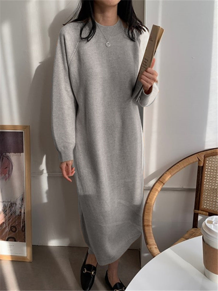 Crew Neck Raglan Sleeve Rib Knit Side Slit Midi Sweater Dress