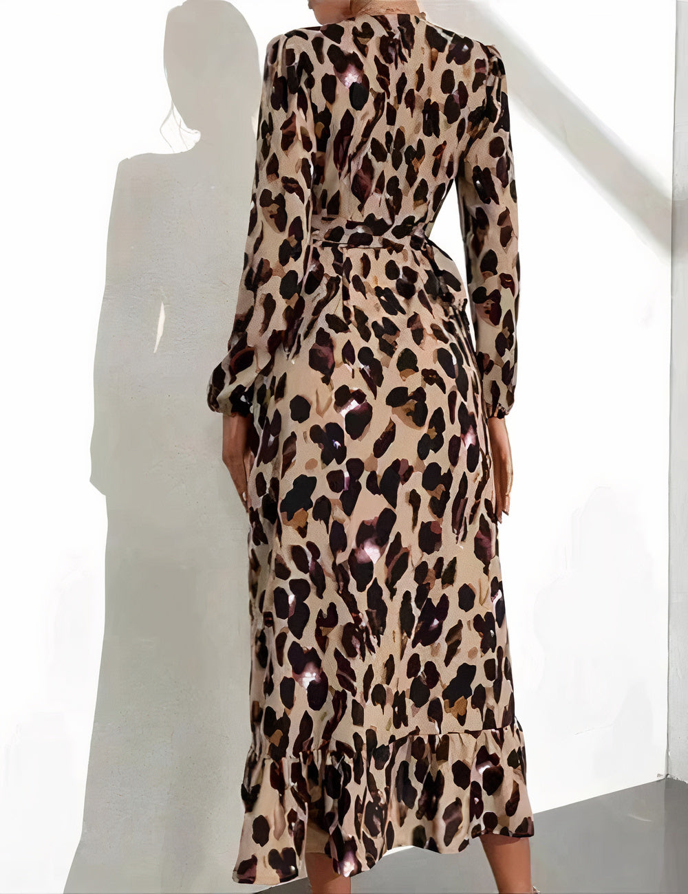 Print Wrap Tie Waist Ruffle Hem Long Sleeve Maxi Dress