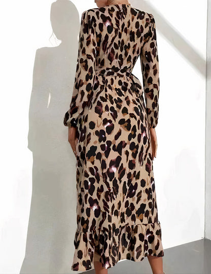 Print Wrap Tie Waist Ruffle Hem Long Sleeve Maxi Dress