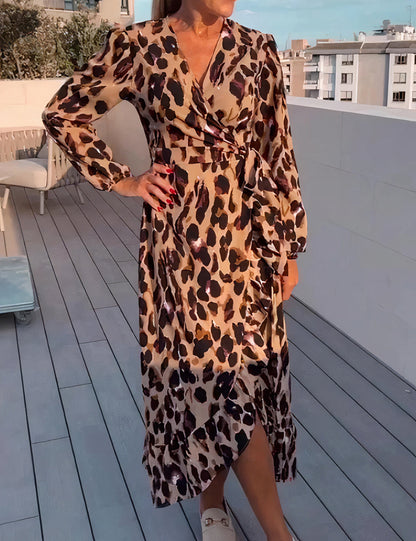 Print Wrap Tie Waist Ruffle Hem Long Sleeve Maxi Dress