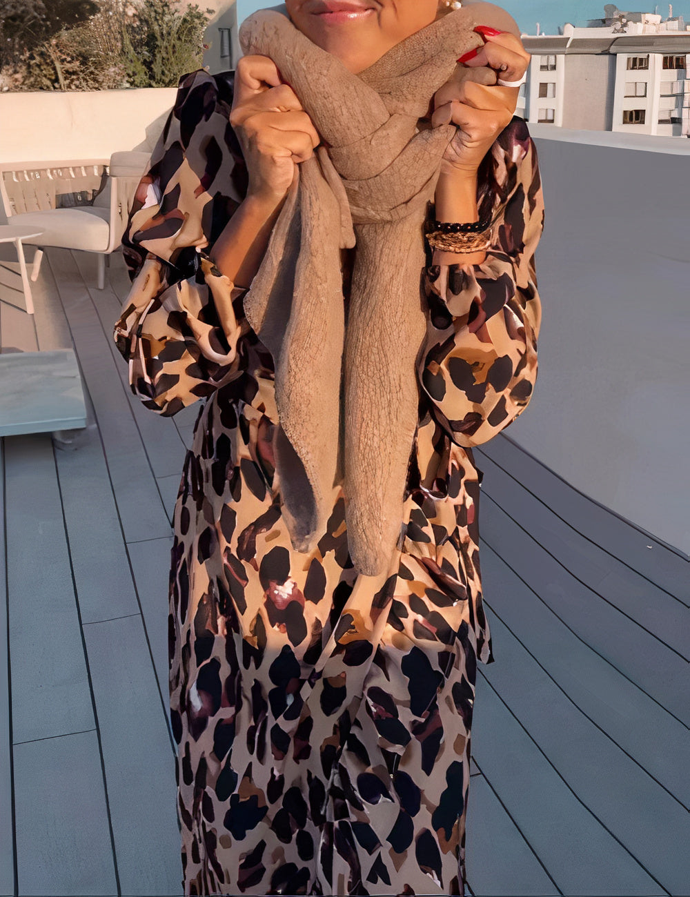 Print Wrap Tie Waist Ruffle Hem Long Sleeve Maxi Dress