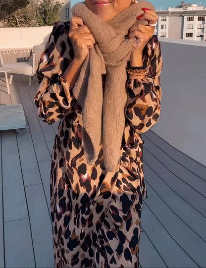 Print Wrap Tie Waist Ruffle Hem Long Sleeve Maxi Dress