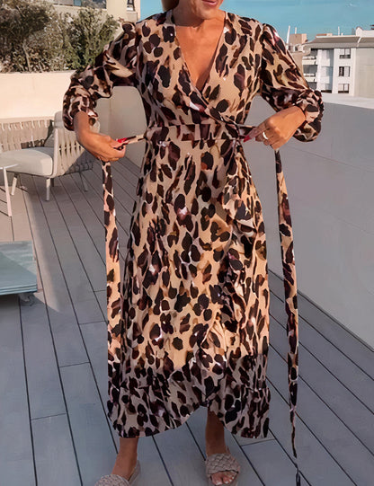 Print Wrap Tie Waist Ruffle Hem Long Sleeve Maxi Dress