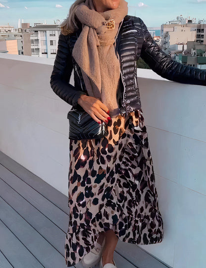 Print Wrap Tie Waist Ruffle Hem Long Sleeve Maxi Dress