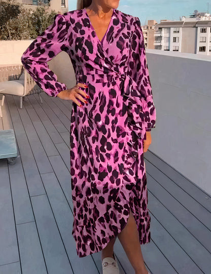 Print Wrap Tie Waist Ruffle Hem Long Sleeve Maxi Dress