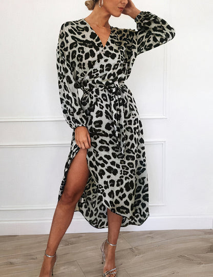 Print Wrap Tie Waist Ruffle Hem Long Sleeve Maxi Dress