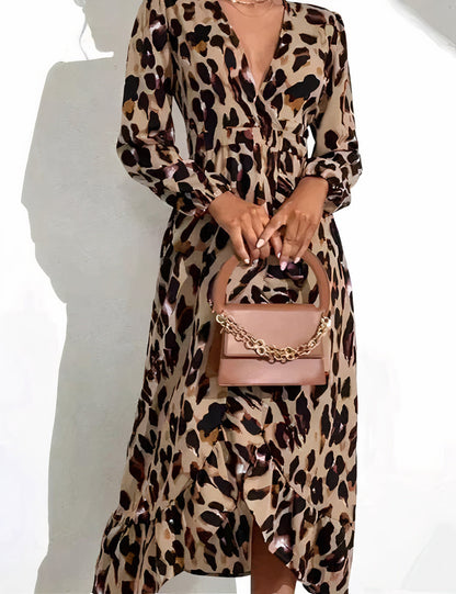Print Wrap Tie Waist Ruffle Hem Long Sleeve Maxi Dress