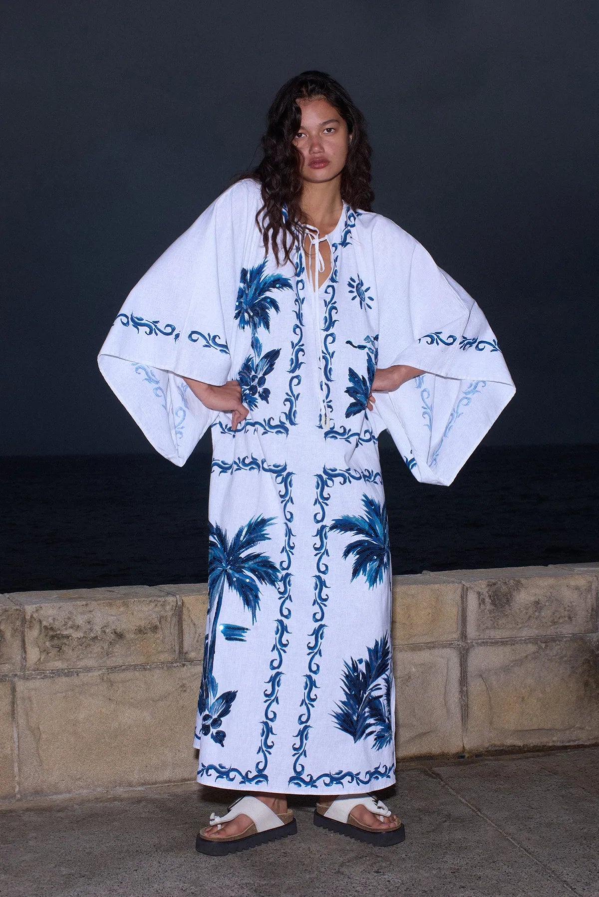Tropical Palm Print Kimono Sleeve Tie Neck Caftan Maxi Dress