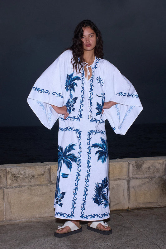 Tropical Palm Print Kimono Sleeve Tie Neck Caftan Maxi Dress