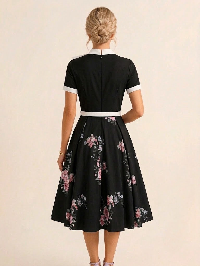 Vintage 1950s Midi Dress For Women - Bow Tie Neck Printed A-Line Swing Dress - Spring Tea Party 2026