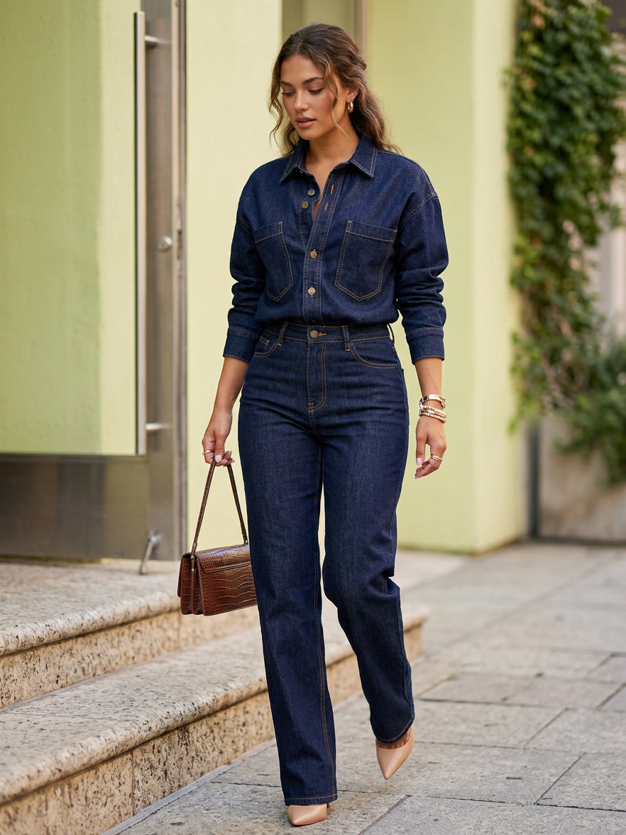 Long Sleeve Denim Jumpsuit For Women - Blue Button Down Straight Leg One Piece Jean Romper - Spring Casual Streetwear 2026