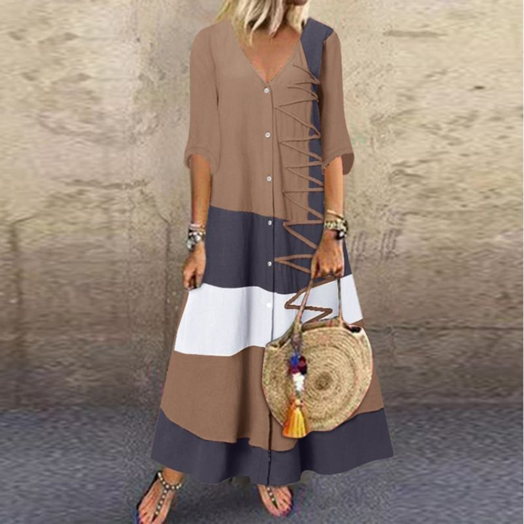 Deep V Neck Button Down Diagonal Lace Up Colorblock Stripe Maxi Dress