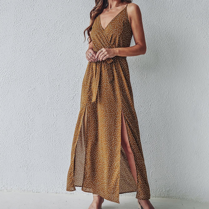 Spaghetti Strap Wrap V-Neck High Split Ditsy Print Maxi Dress