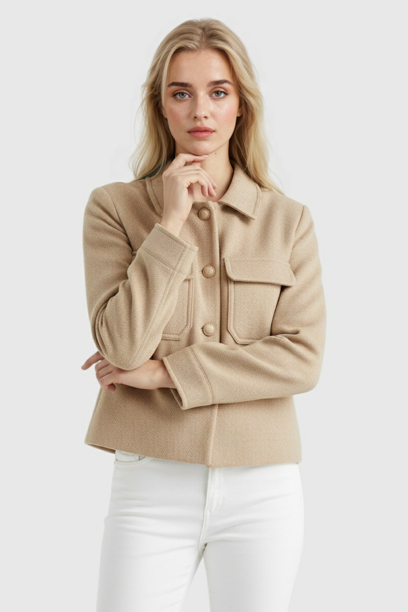 Maison Cropped Button Jacket | Turn-Down Collar Structured Fit Autumn