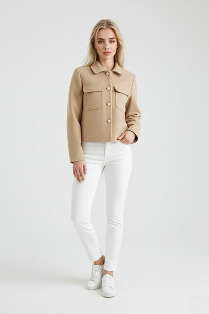 Maison Cropped Button Jacket | Turn-Down Collar Structured Fit Autumn