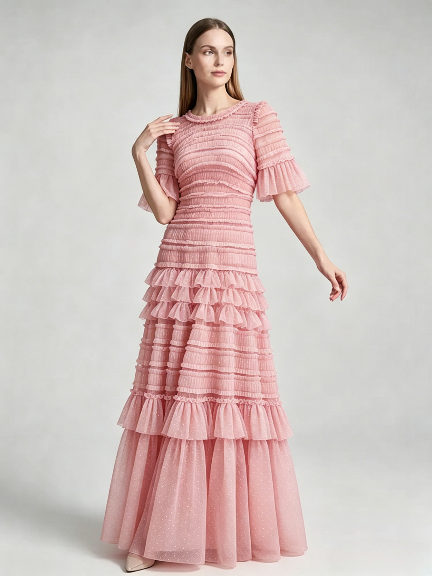 Date Night Dresses Maxi Layered Pleated Short Sleeves Jewel Neck Elegant Pink Dress