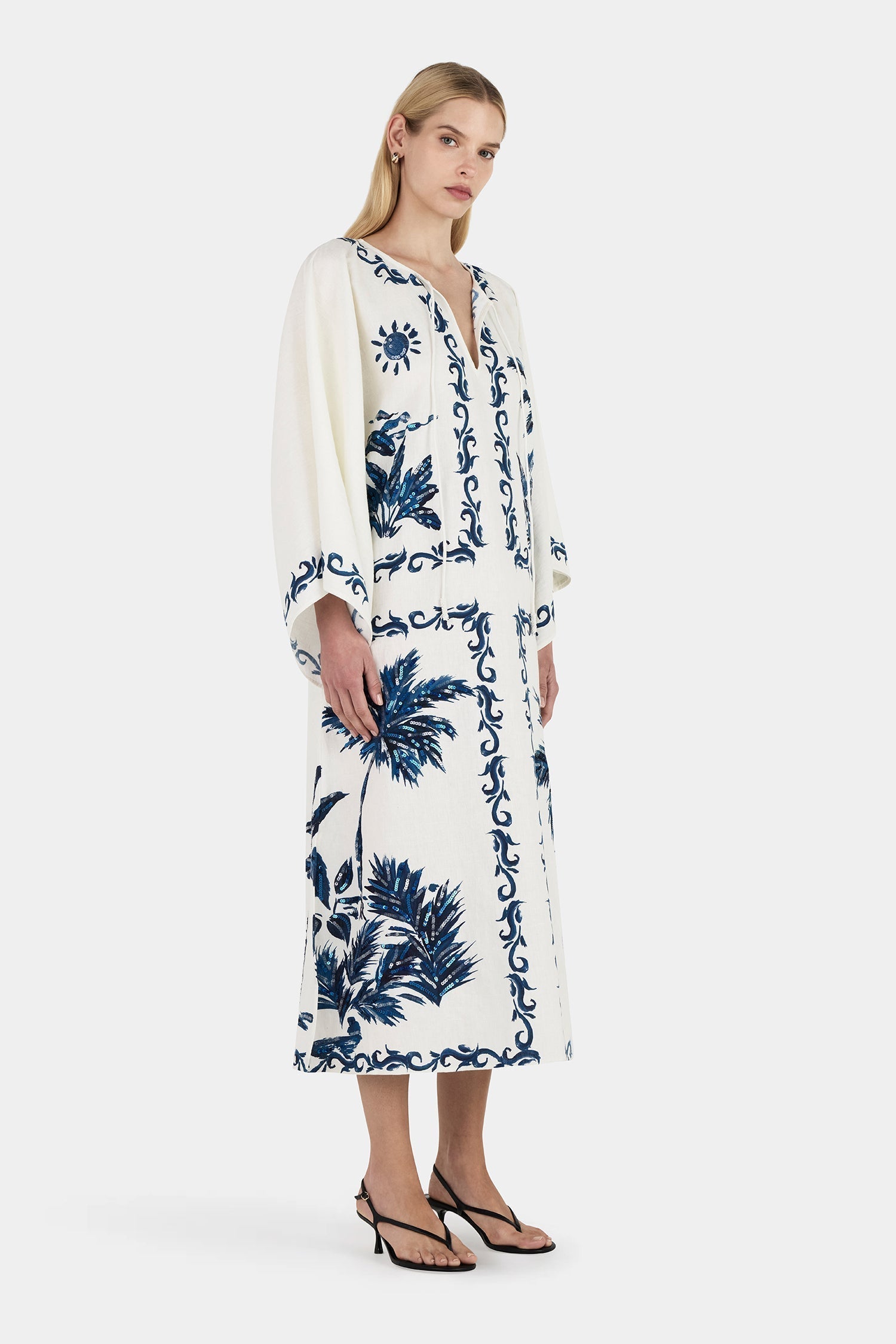 Tropical Palm Print Kimono Sleeve Tie Neck Caftan Maxi Dress