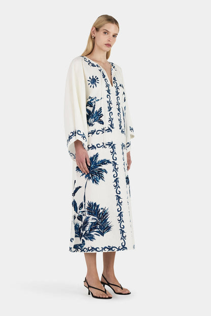 Tropical Palm Print Kimono Sleeve Tie Neck Caftan Maxi Dress
