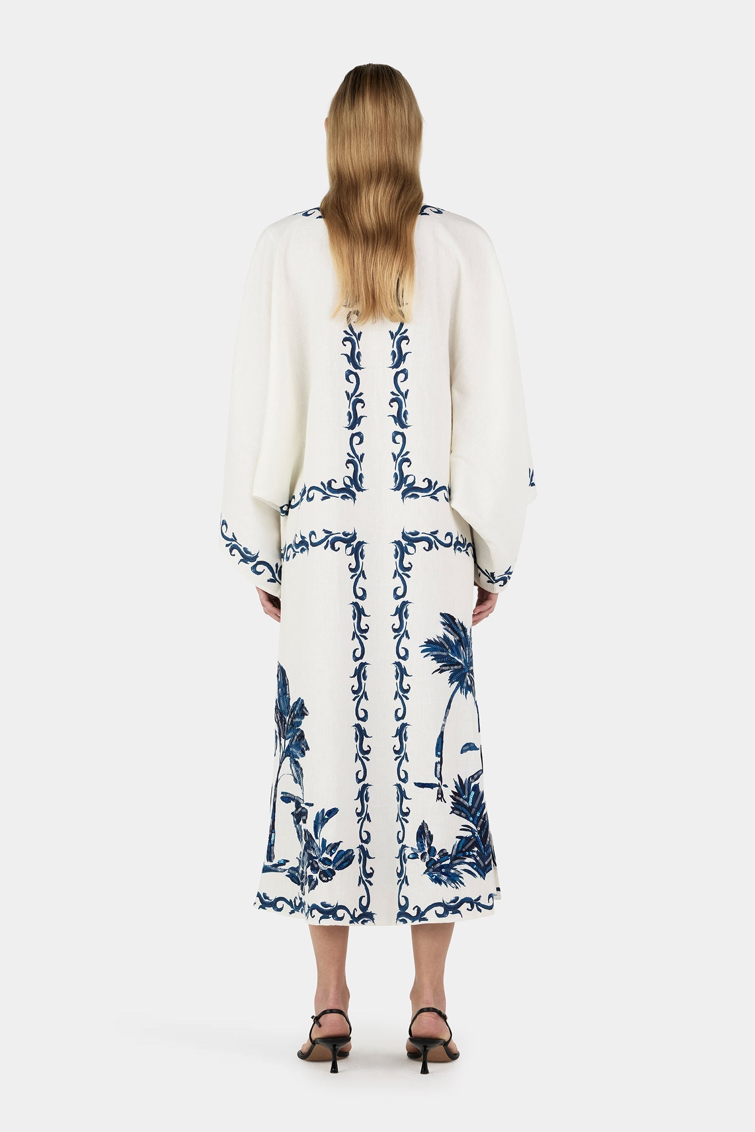 Tropical Palm Print Kimono Sleeve Tie Neck Caftan Maxi Dress