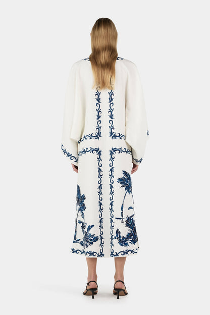 Tropical Palm Print Kimono Sleeve Tie Neck Caftan Maxi Dress