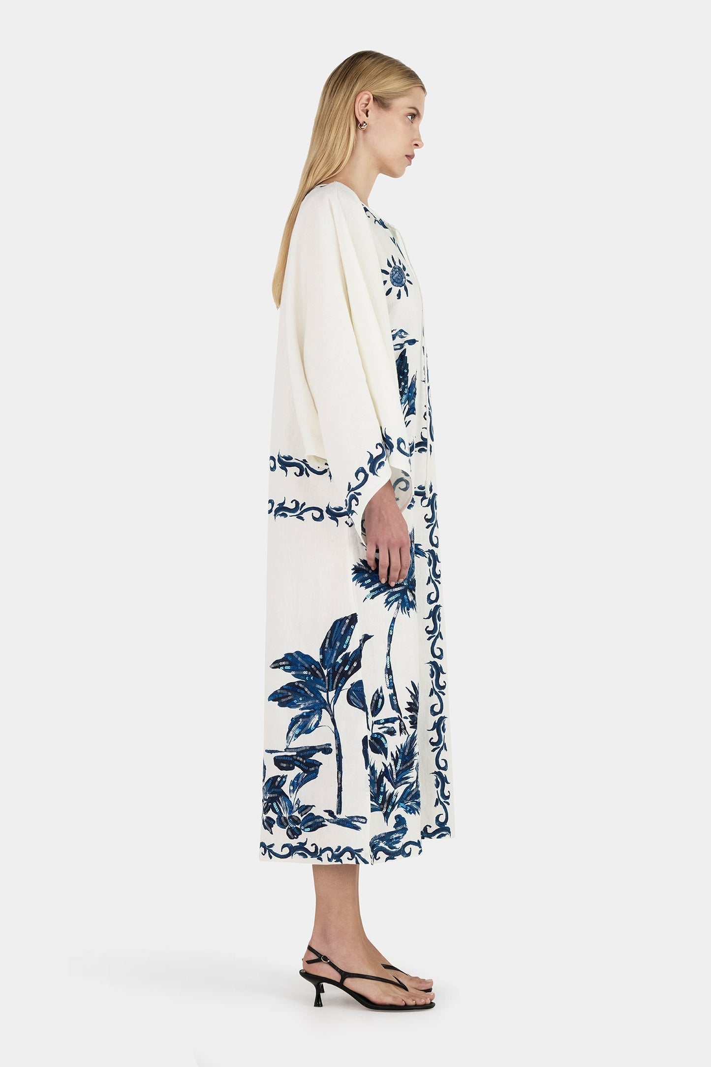 Tropical Palm Print Kimono Sleeve Tie Neck Caftan Maxi Dress