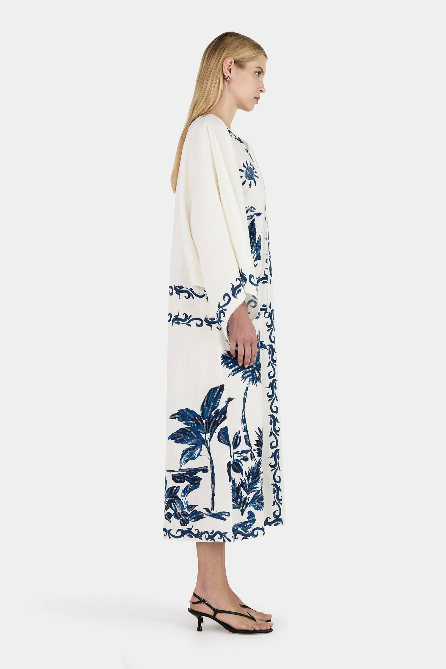 Tropical Palm Print Kimono Sleeve Tie Neck Caftan Maxi Dress