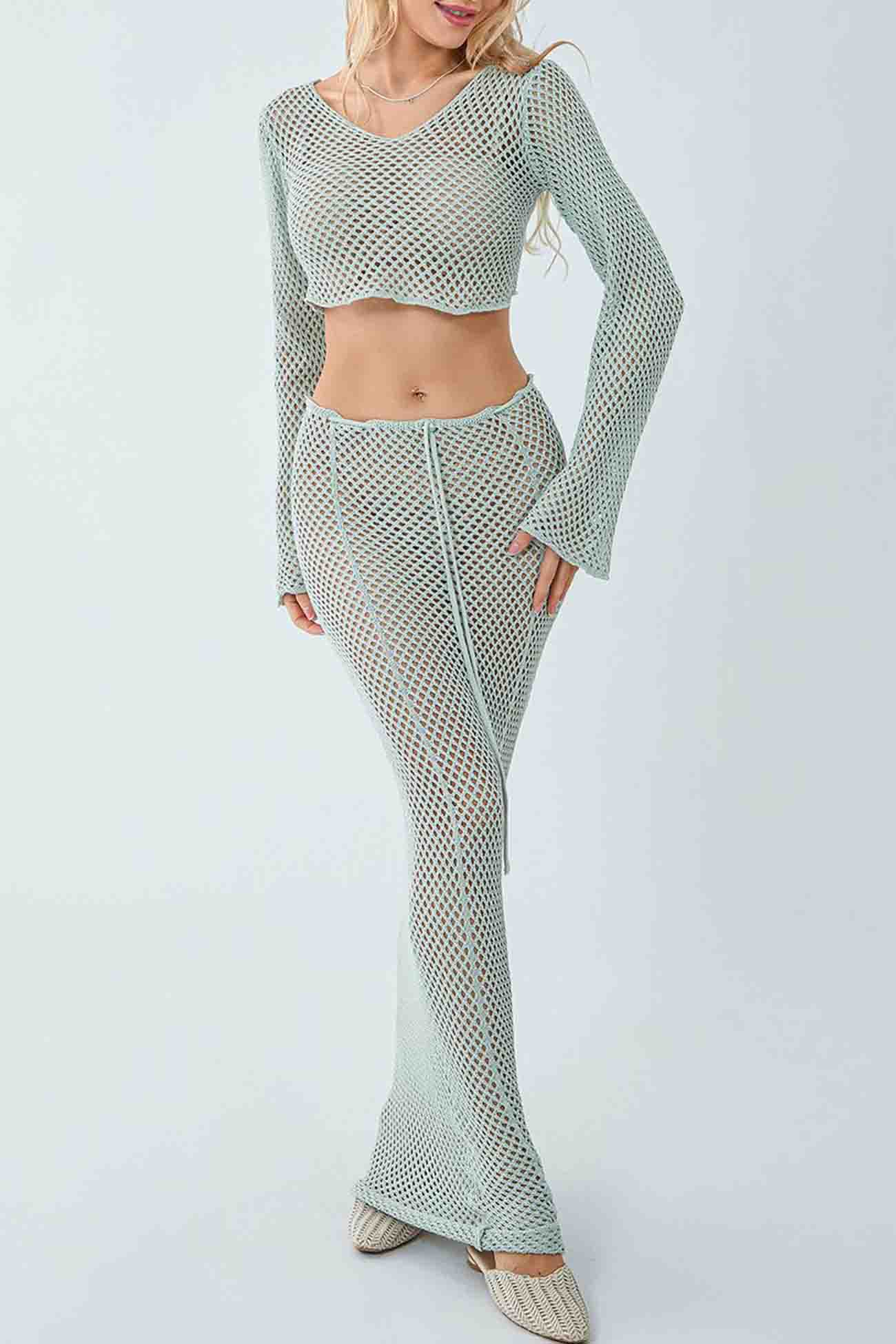 Knitted Cutout Cover Up Off Shoulder Skirt Set