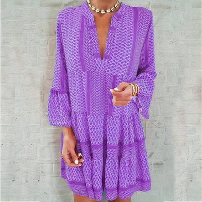 Geometric Print Tiered V-Neck Three-Quarter Sleeve Mini Dress
