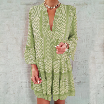 Geometric Print Tiered V-Neck Three-Quarter Sleeve Mini Dress