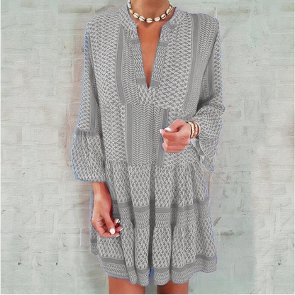 Geometric Print Tiered V-Neck Three-Quarter Sleeve Mini Dress