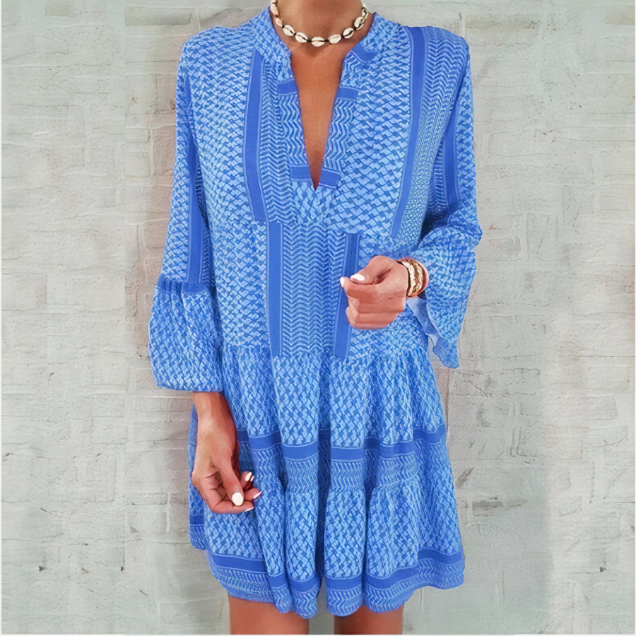 Geometric Print Tiered V-Neck Three-Quarter Sleeve Mini Dress