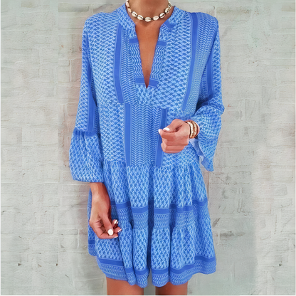Geometric Print Tiered V-Neck Three-Quarter Sleeve Mini Dress