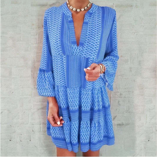 Geometric Print Tiered V-Neck Three-Quarter Sleeve Mini Dress
