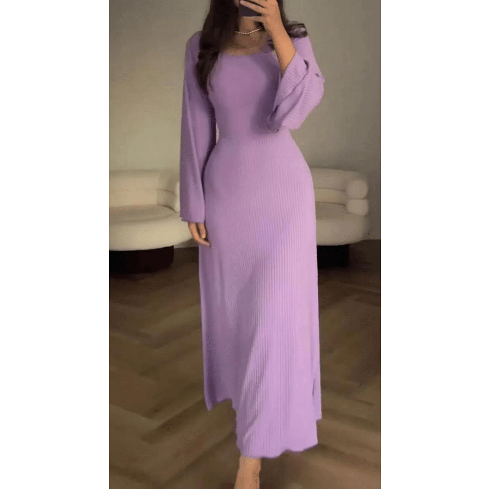 Rib Knit Scoop Neck Bell Sleeve Bodycon Maxi Dress