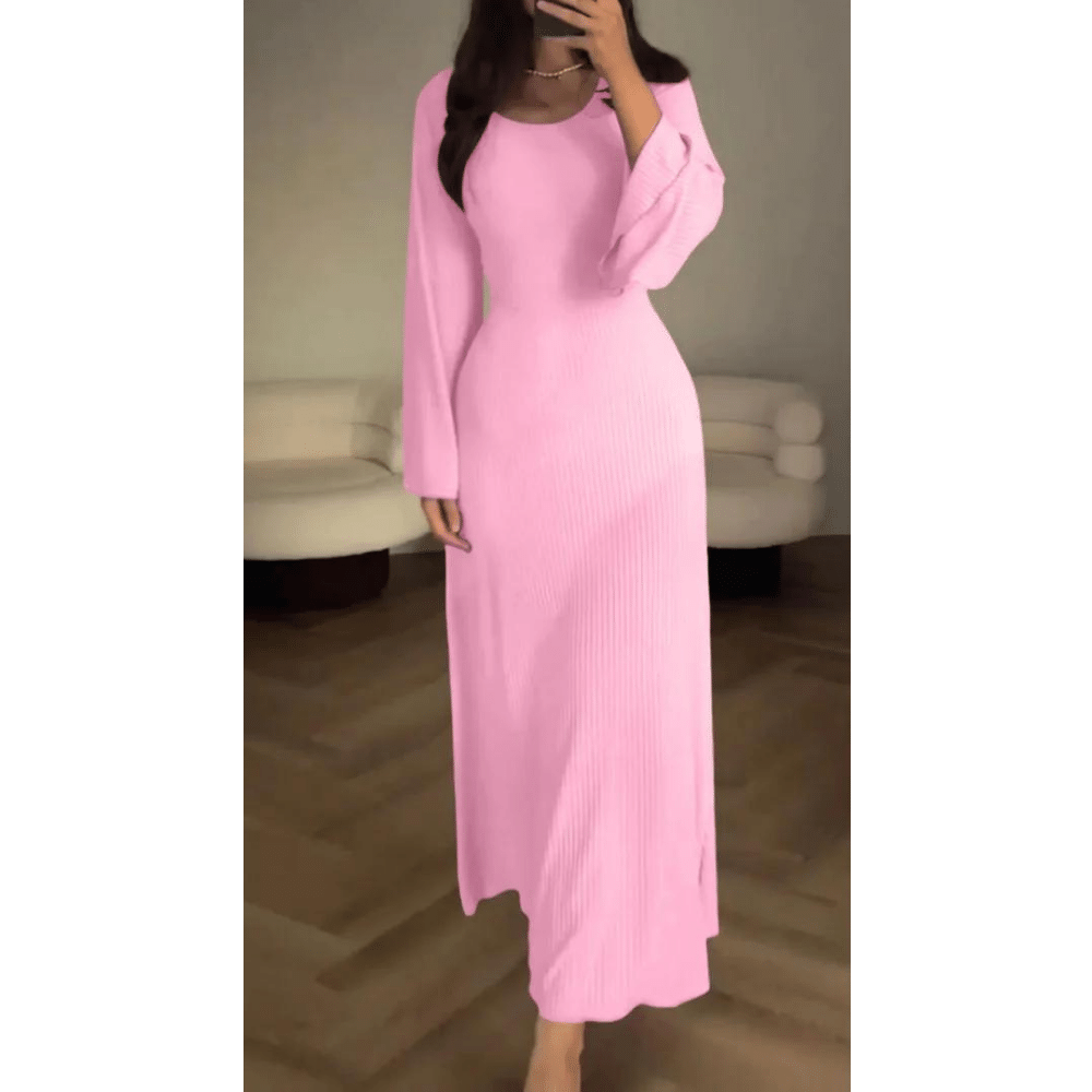 Rib Knit Scoop Neck Bell Sleeve Bodycon Maxi Dress