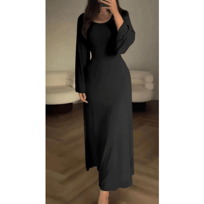 Rib Knit Scoop Neck Bell Sleeve Bodycon Maxi Dress