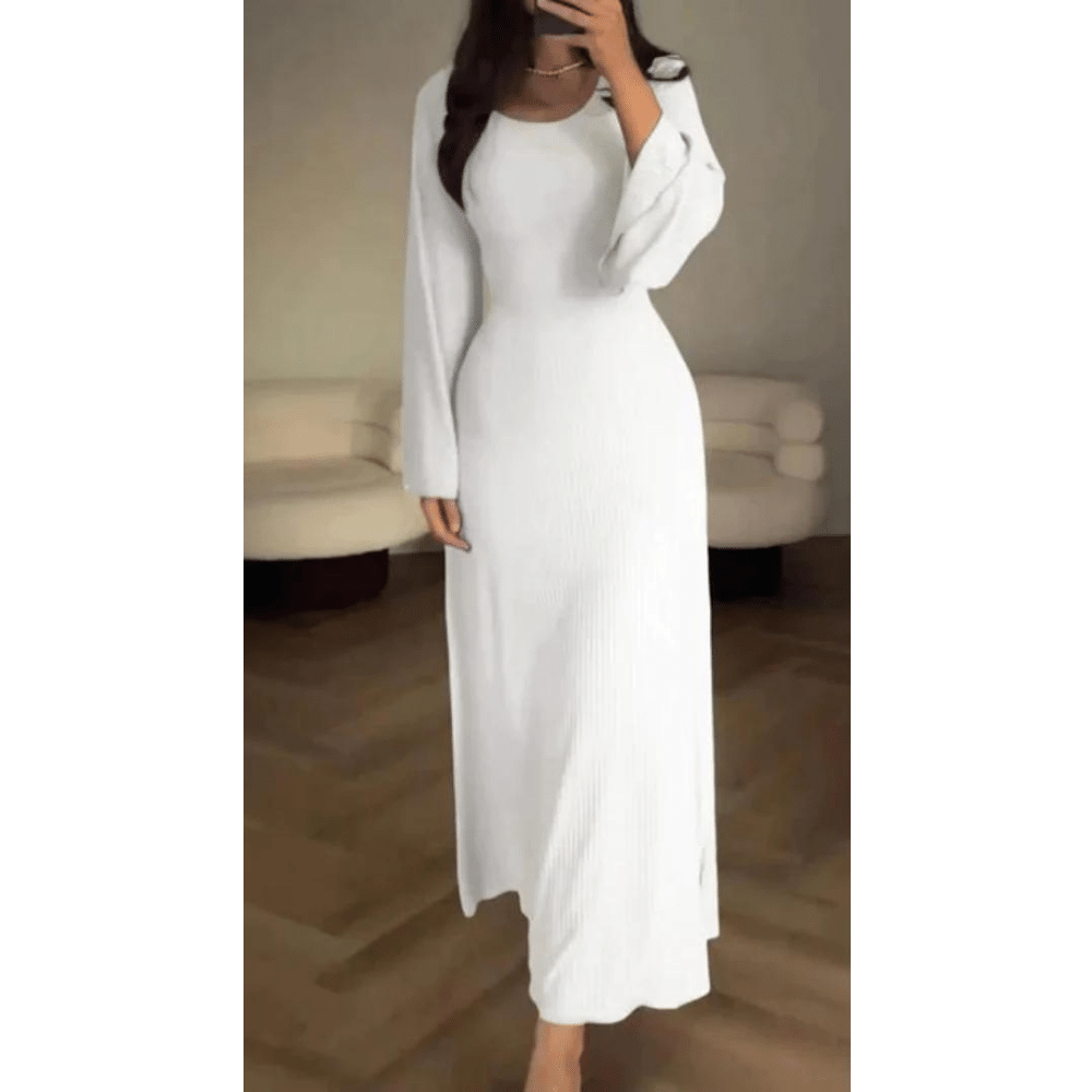 Rib Knit Scoop Neck Bell Sleeve Bodycon Maxi Dress