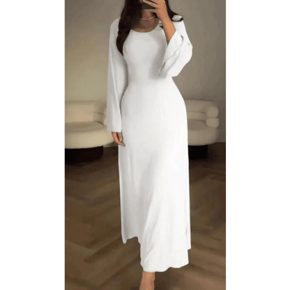 Rib Knit Scoop Neck Bell Sleeve Bodycon Maxi Dress
