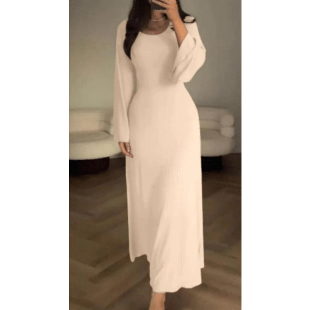 Rib Knit Scoop Neck Bell Sleeve Bodycon Maxi Dress