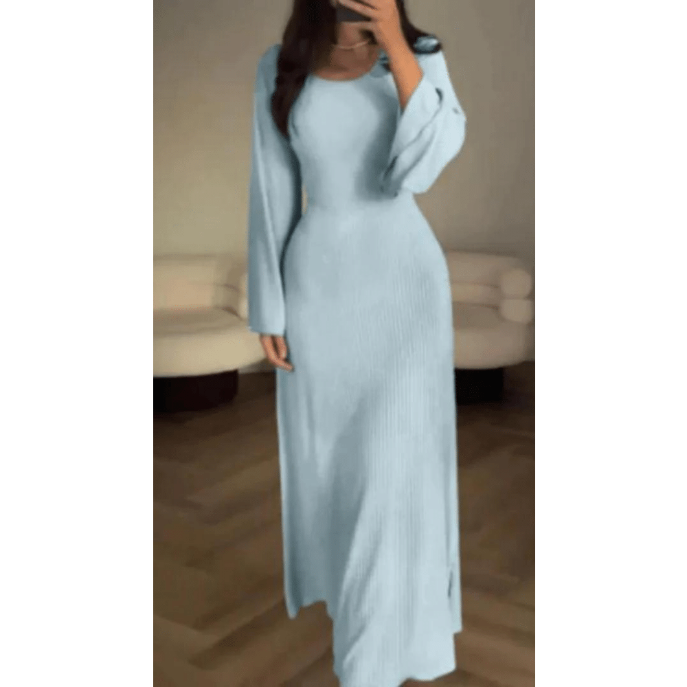 Rib Knit Scoop Neck Bell Sleeve Bodycon Maxi Dress