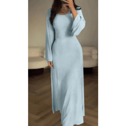 Rib Knit Scoop Neck Bell Sleeve Bodycon Maxi Dress
