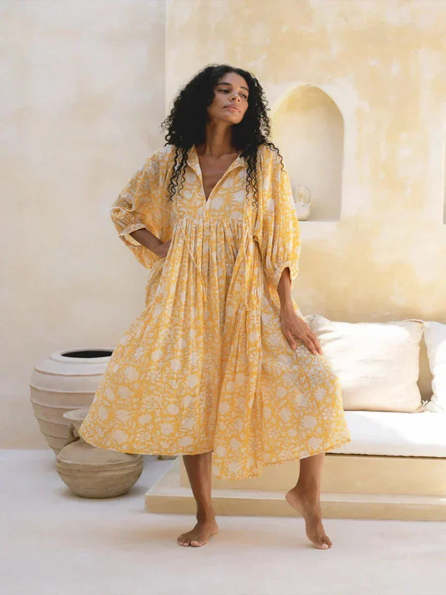 Botanical Block Print Tie-Neck Balloon Sleeve Empire Waist Midi Dress