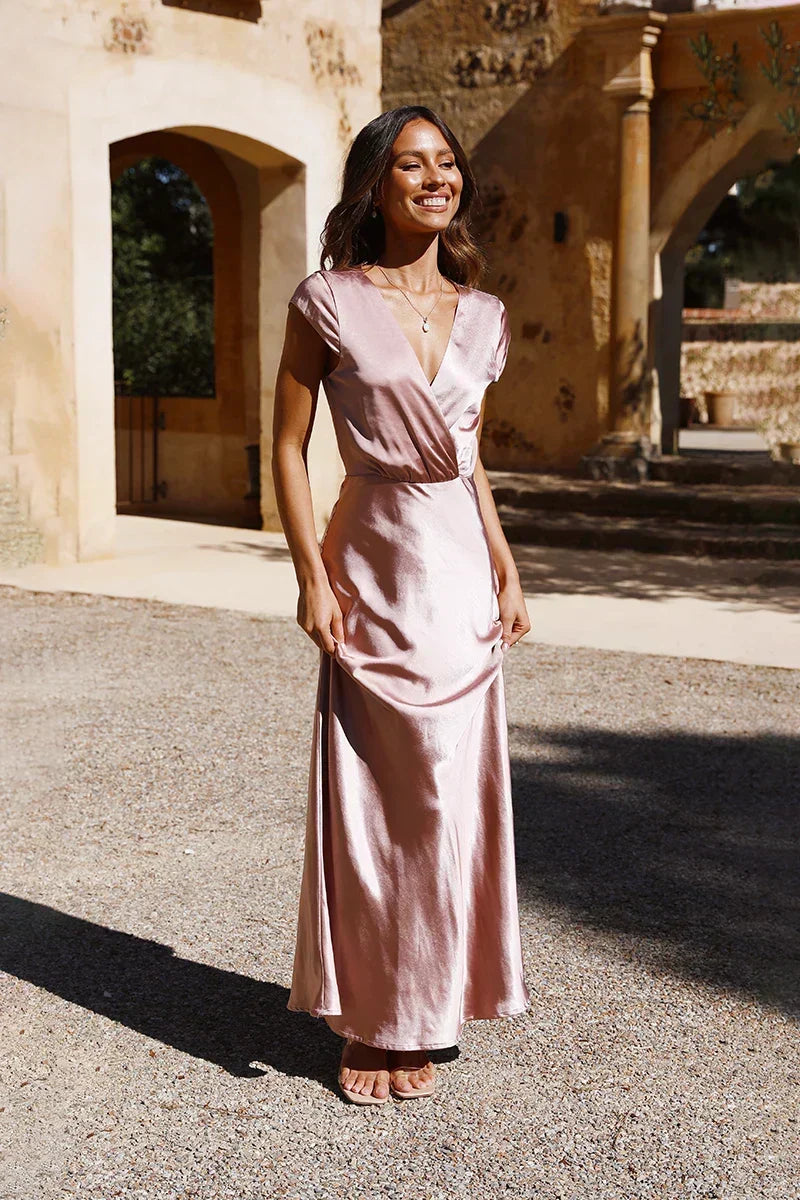 Satin Surplice V-Neck Flutter Cap Sleeve Tie Waist A-Line Maxi Gown