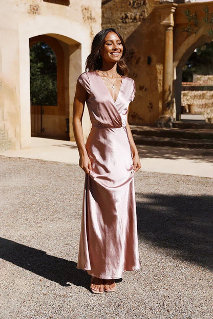 Satin Surplice V-Neck Flutter Cap Sleeve Tie Waist A-Line Maxi Gown