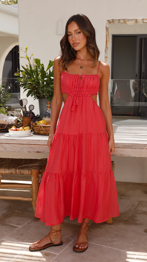 Spaghetti Strap Tie Front Side Cut Out Tiered Linen Look Midi Dress