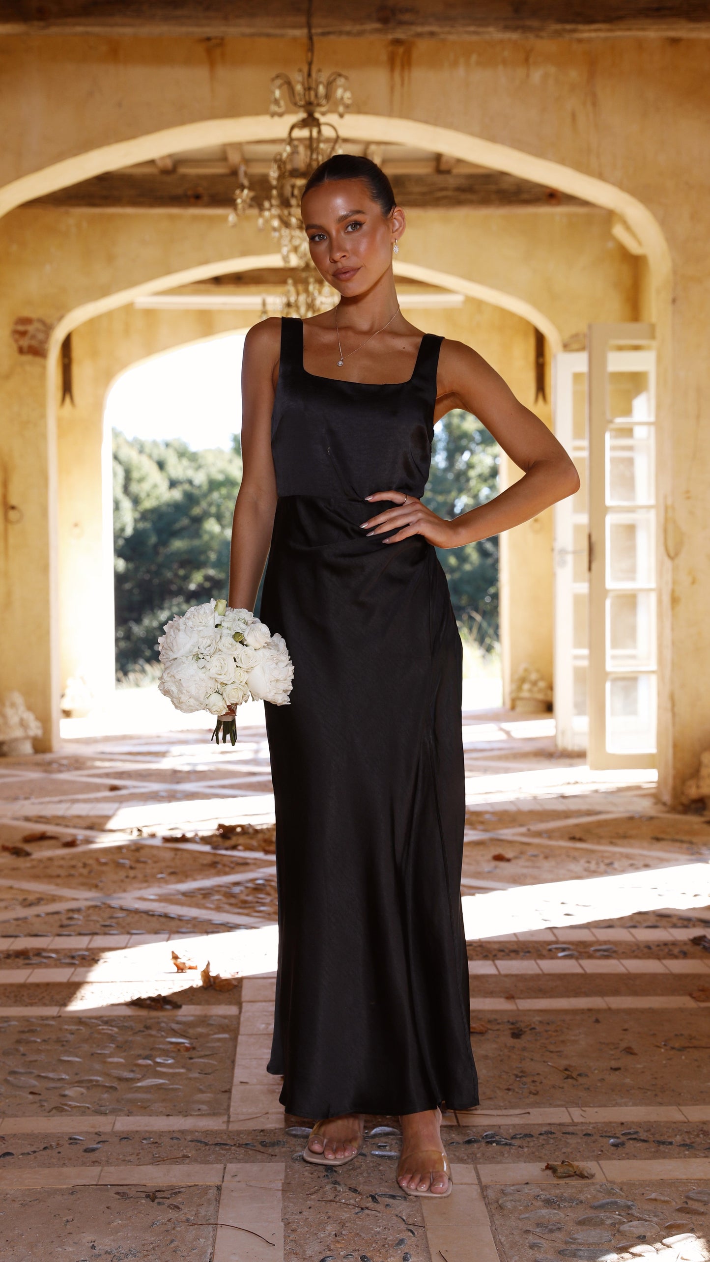 Satin Tank Strap Square Back High Slit Slip Maxi Dress