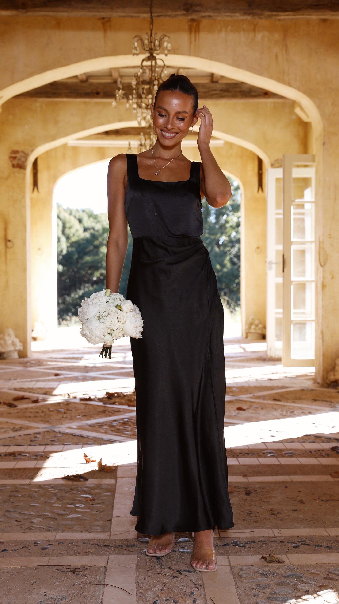 Satin Wide Strap Square Back Thigh High Slit Slip Maxi Dress