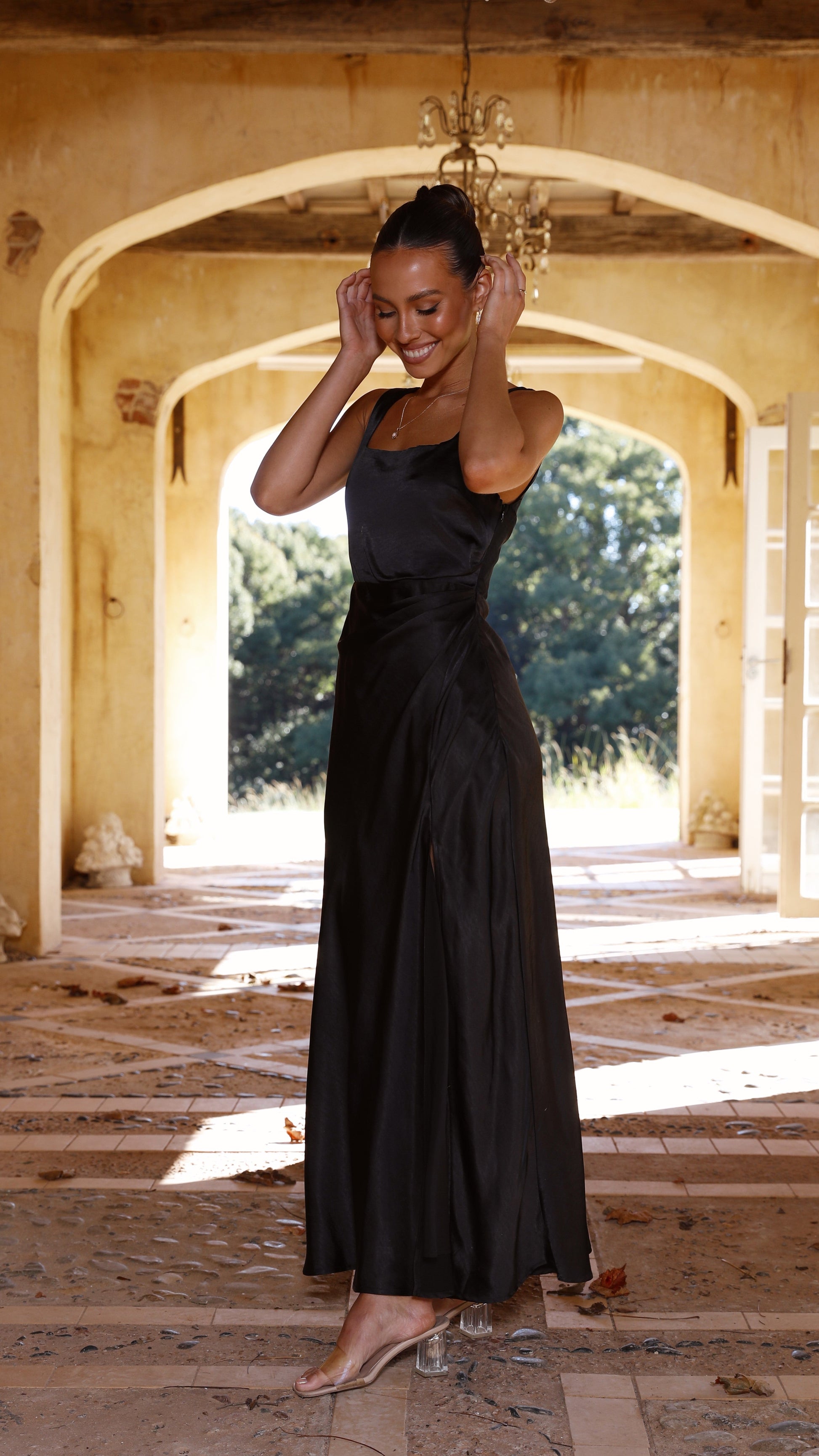 Satin Wide Strap Square Back Thigh High Slit Slip Maxi Dress