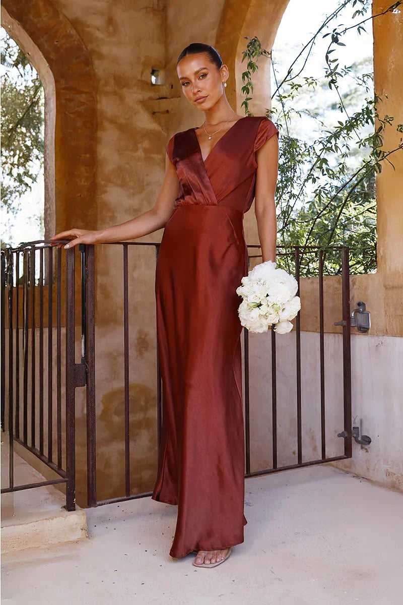 Satin Cap Sleeve Surplice Deep V-Neck A-Line Maxi Gown