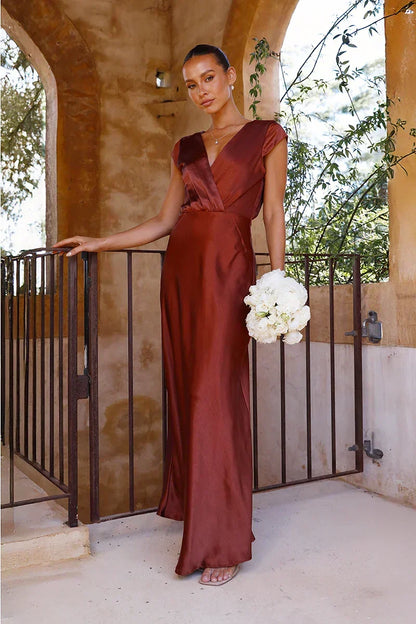 Satin Cap Sleeve Surplice Deep V-Neck A-Line Maxi Gown